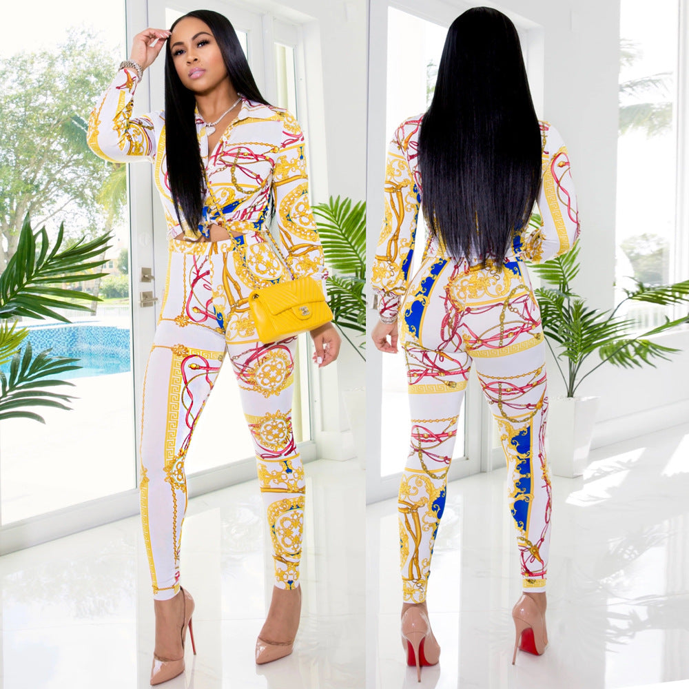 Women printed Turndown Collar shirt and Pants Two-piece Set 16