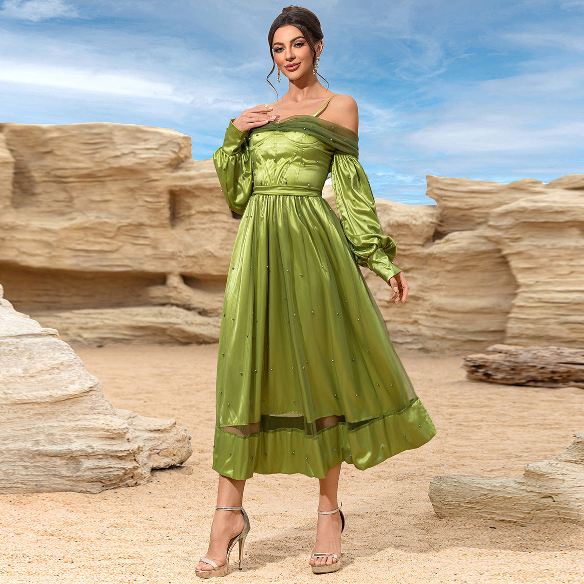 Women Spring and Summer Sexy Strapless Raglan Sleeve Dress 6