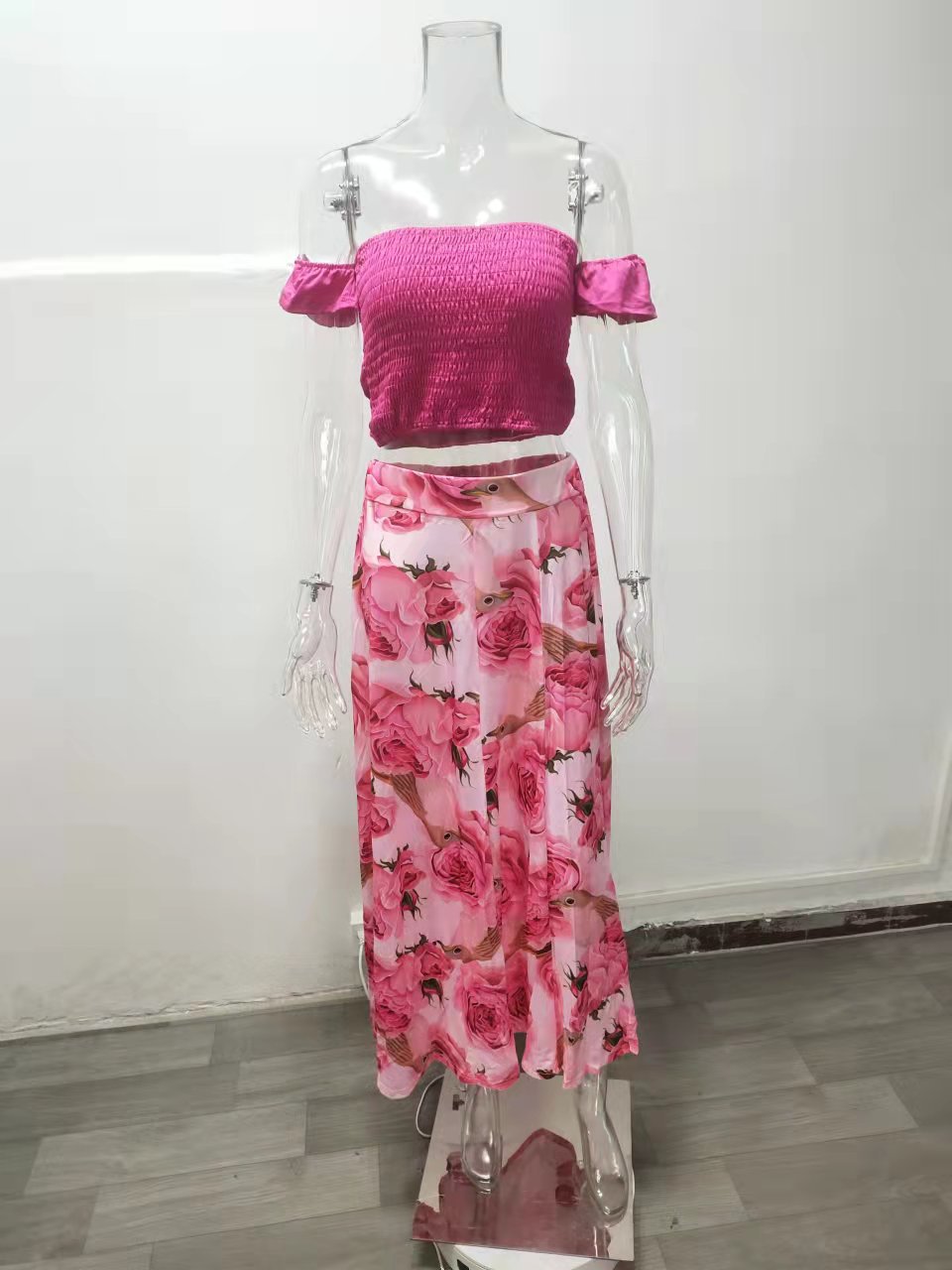 Women Summer French Bohemian Print Strapless Top and Skirt Two-Piece Set 46