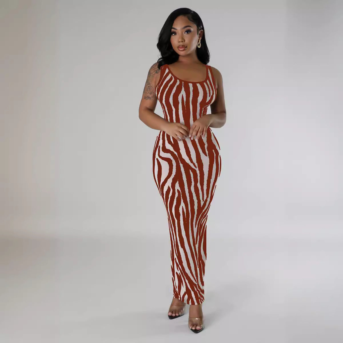 Summer Women's Zebra Print Sleeveless Hollow Long Dress 12