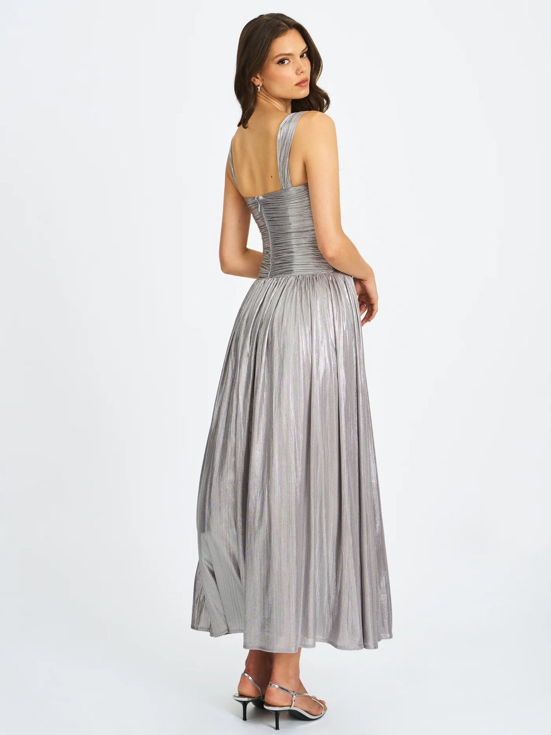 Women Metallic Pleated Strapless Maxi Dress 3