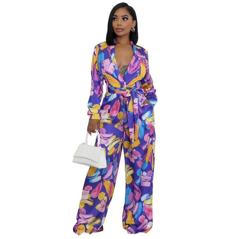 Women's Fashion Printed Long Sleeve High Waist Casual Wide Leg Jumpsuit 5