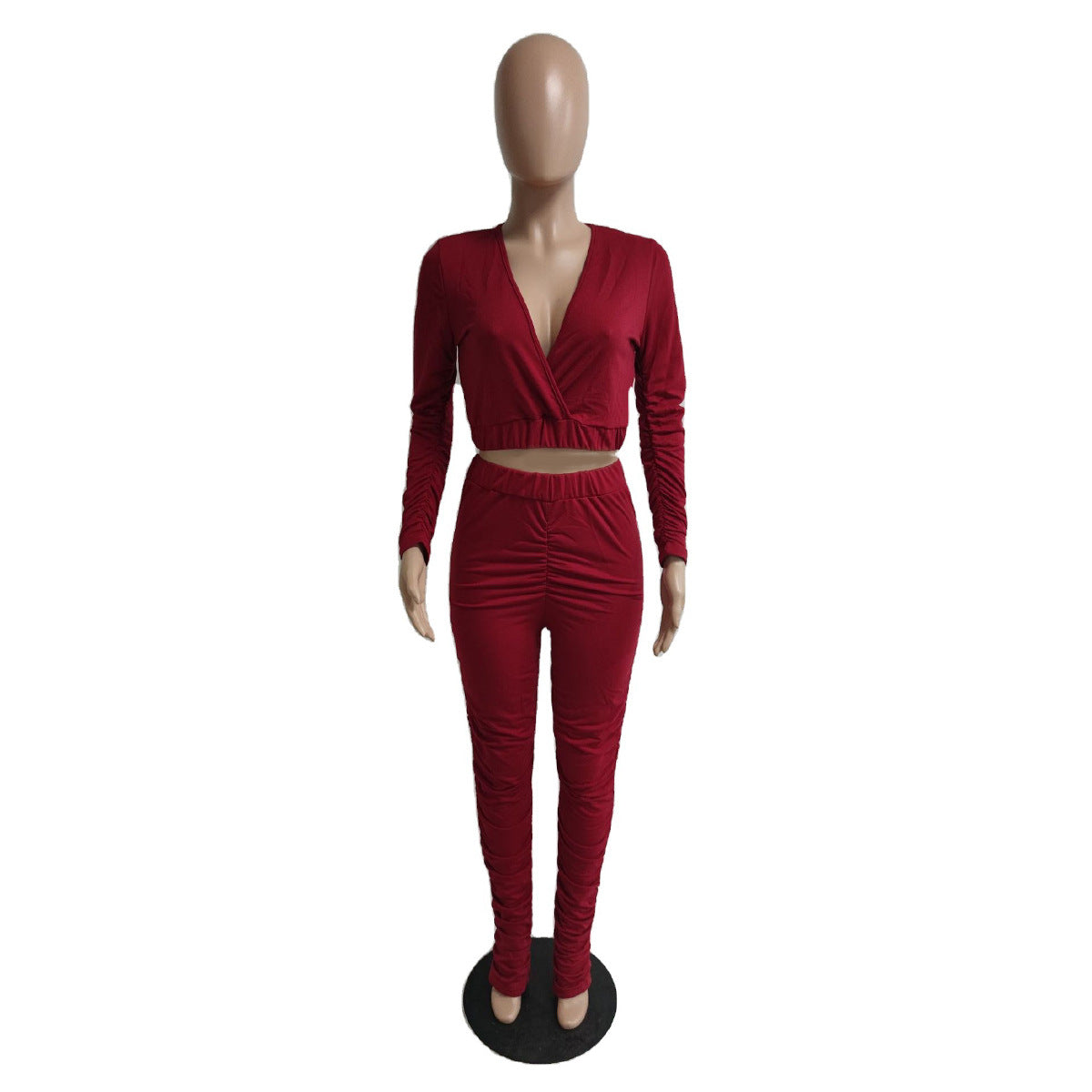 Women Sexy V-Neck Top and Stacked Pants Two Piece Set 5