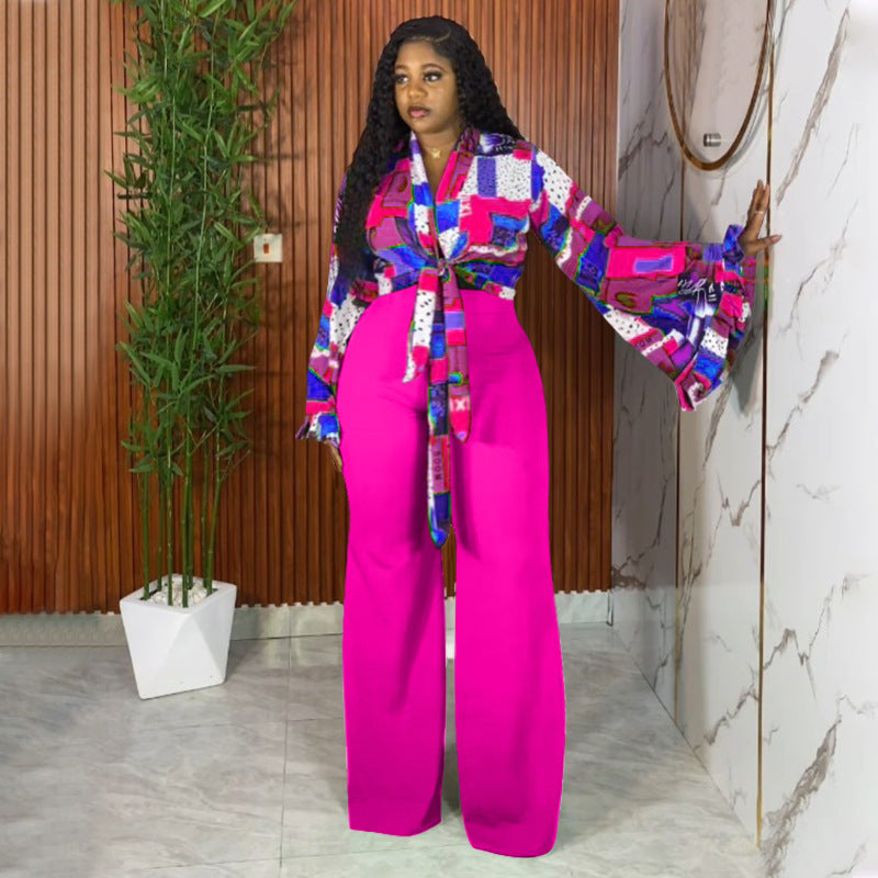Plus-Size Women Fall Printed Bell Bottom-Sleeve Top and Wide-Leg Pants Two-Piece Set 3