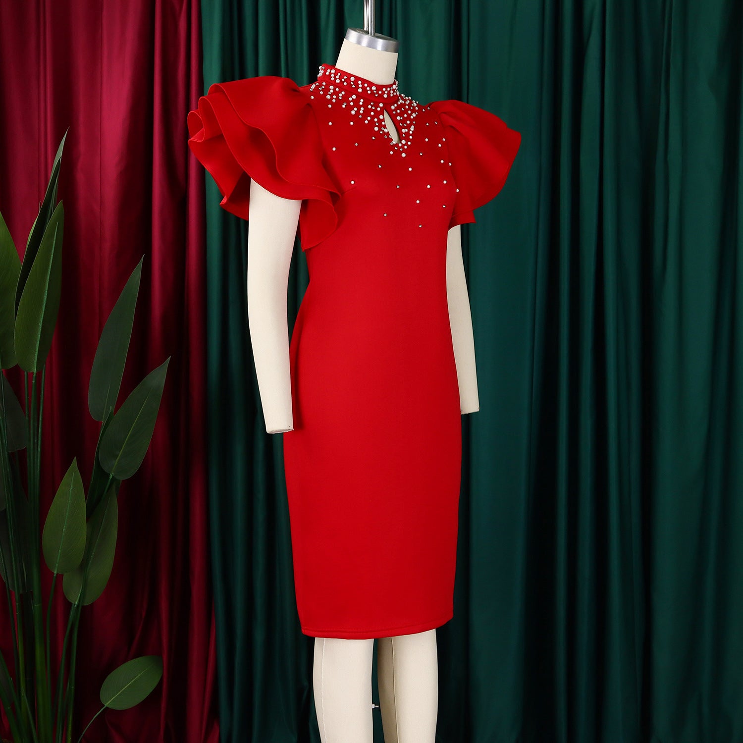 Women Sexy Ruffle Sleeve Beaded Party African Dress 28