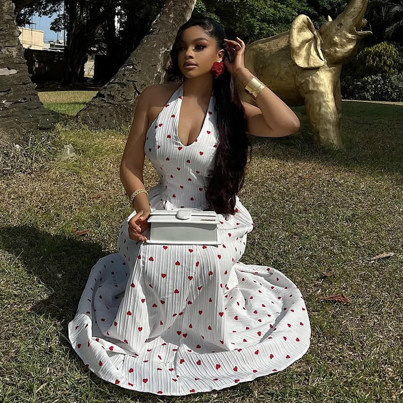Women's Summer Halter Neck/V-Neck Printed High Waist Long Dress 5