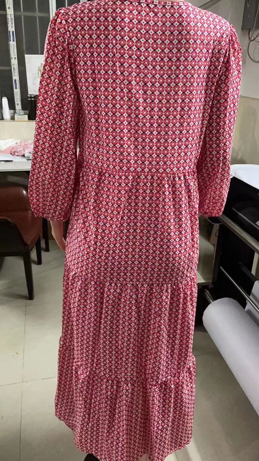 Women Summer Geometric Patch Puff Sleeve Dress 50