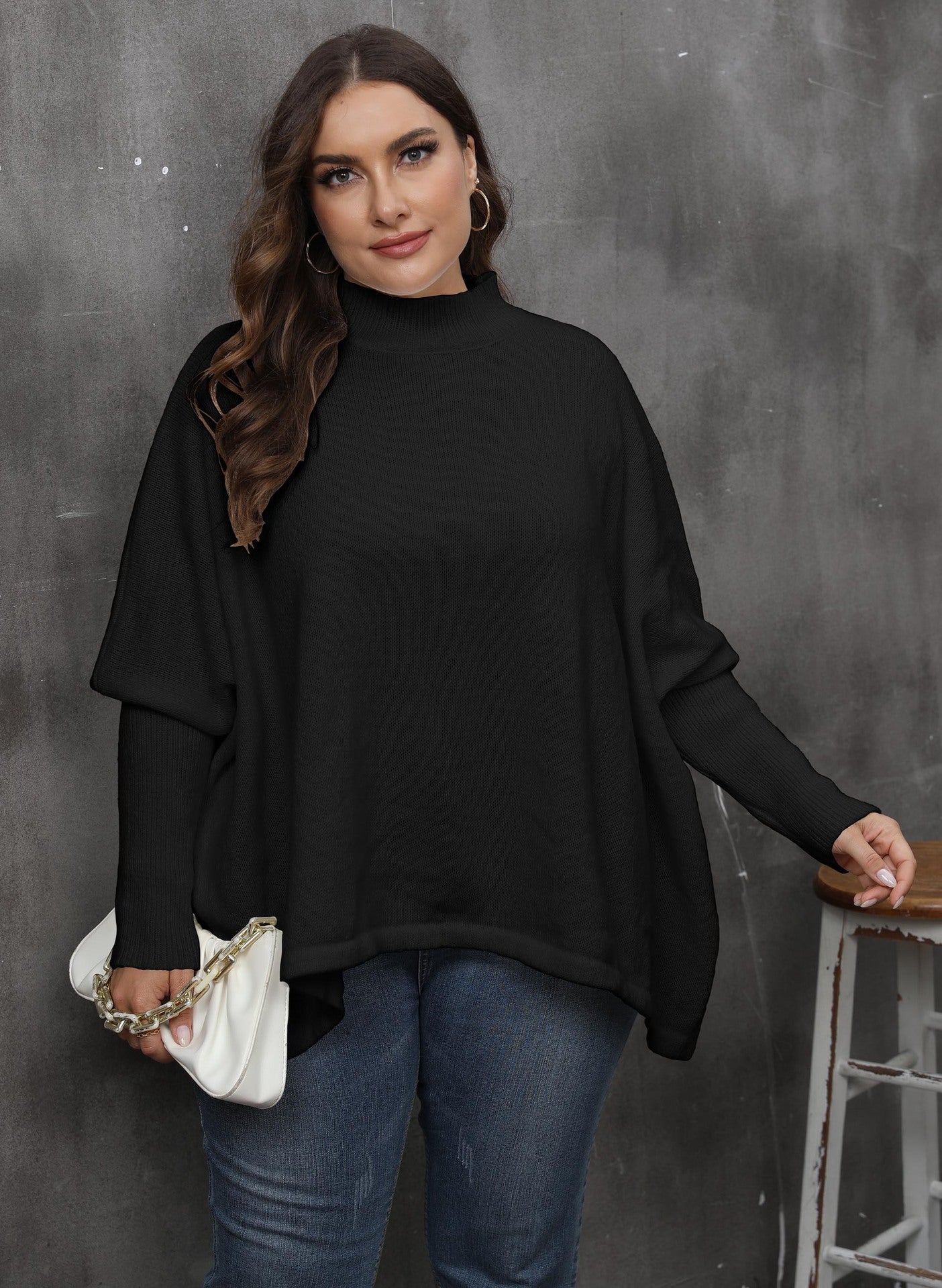 Women's Pullover Top Plus Size Women's Slit Bat Sleeves Turtleneck Loose Sweater 16