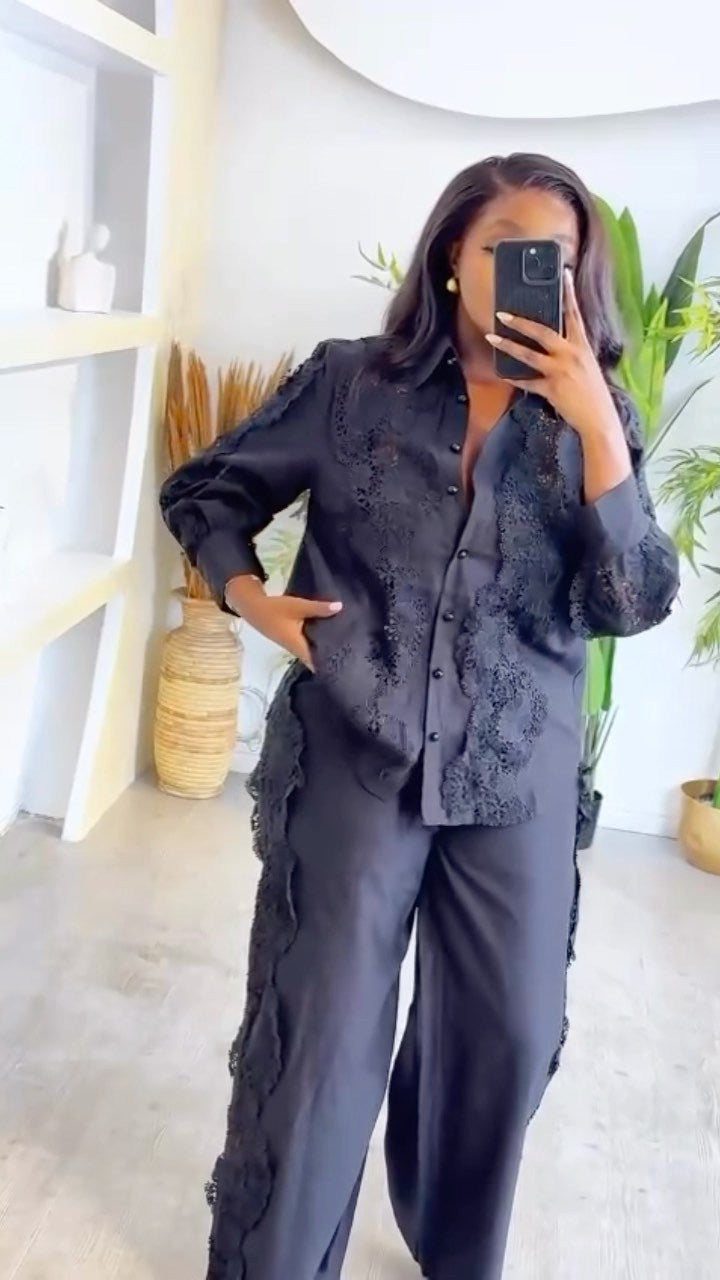 Women French Lace Patchwork Long Sleeve Shirt Wide Leg Pants Two Piece 5