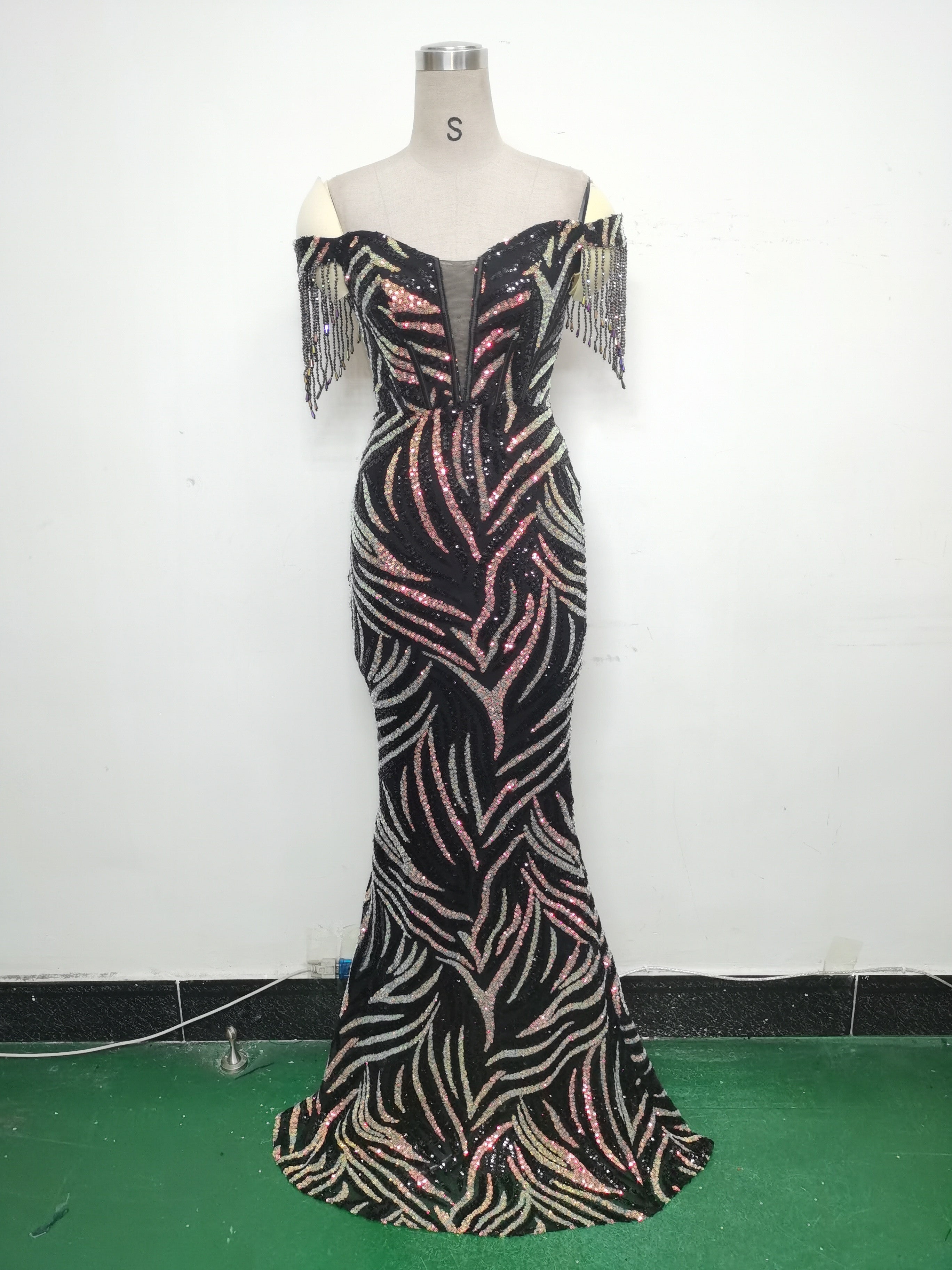 Off Shoulder Tassels Fishbone Slim Waist Lace-Up Sequin Evening Dress 25