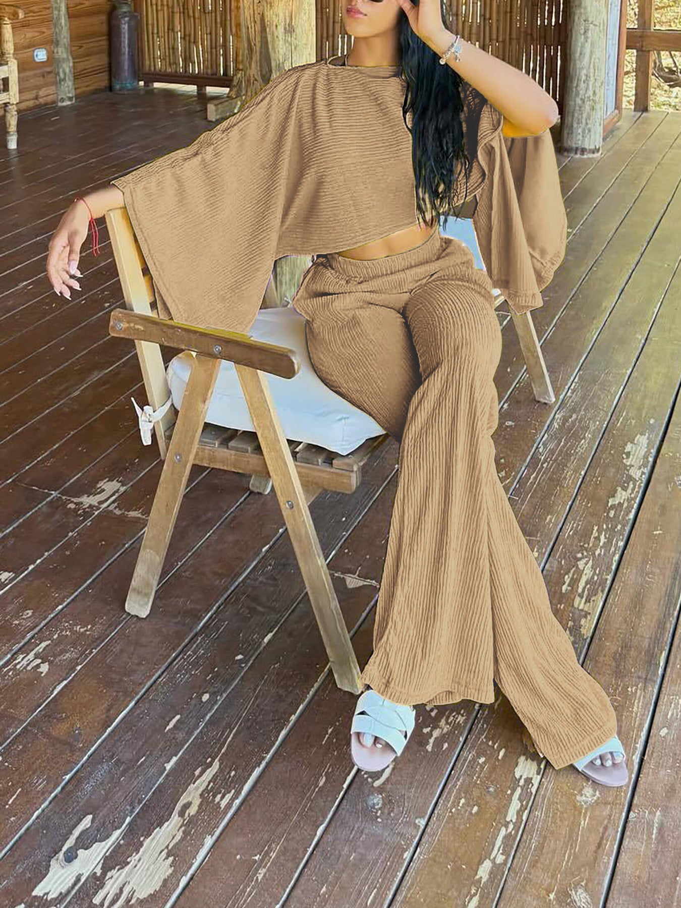 Women's Fashion Sexy Beach Holidays Solid Slash Shoulder Irregular Top with Elastic Waist Pockets Long Pants Set 18