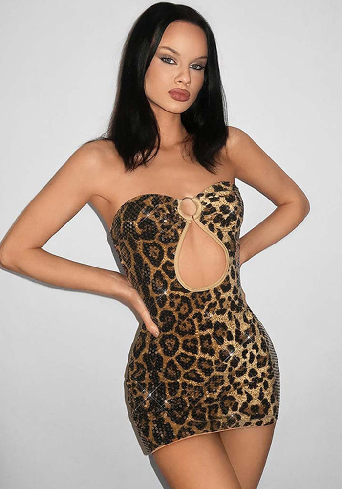 Women’s Spring Summer Leopard Sequin Strapless Hollow Bodycon Dress