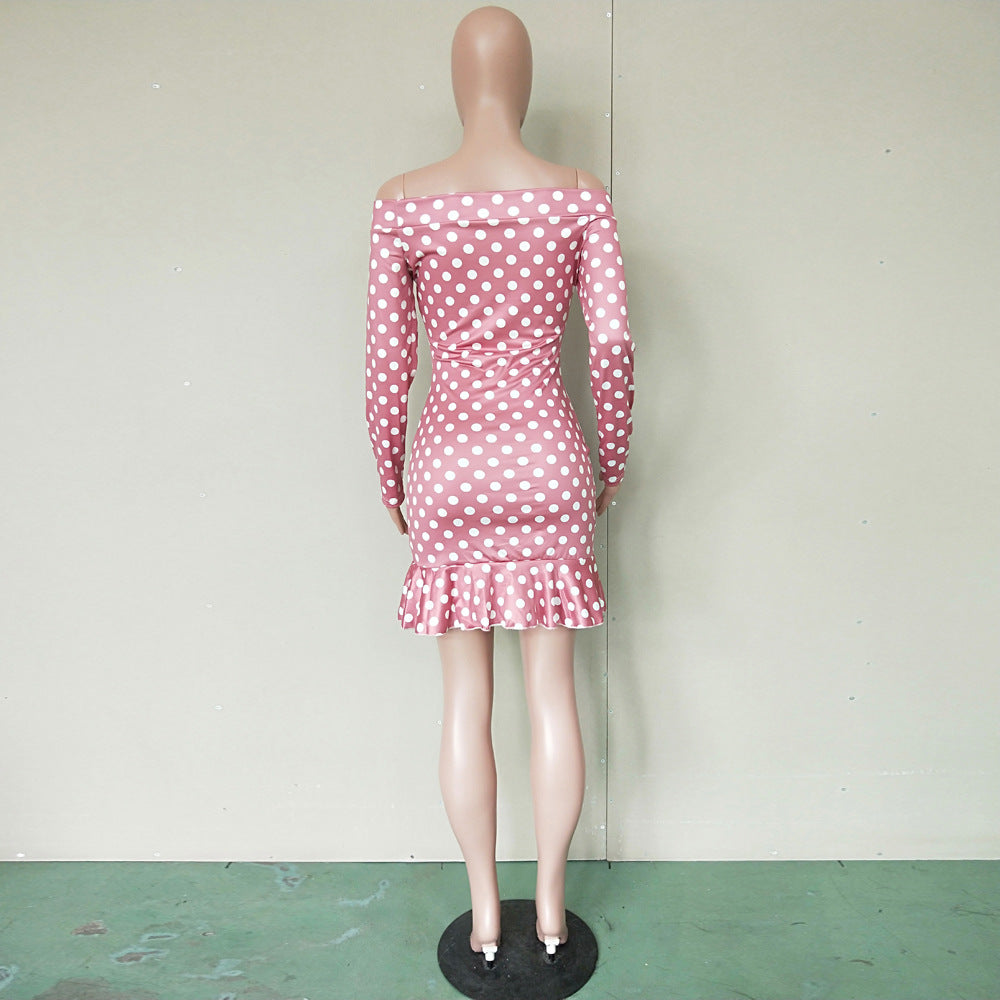 Women Sexy Off-Shoulder Polka Dot Print Ruffle Hem Dress 5