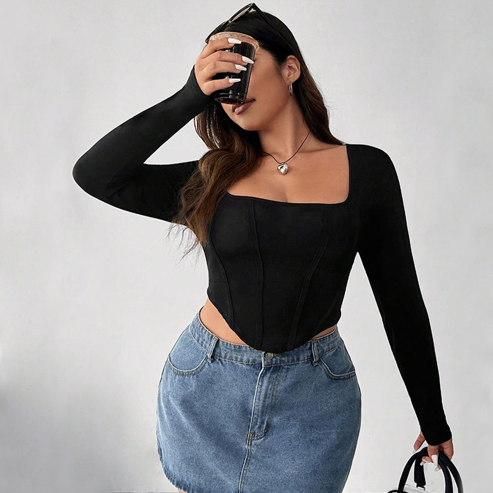 Plus Size Women Square Neck Solid Basic Irregular Top 7