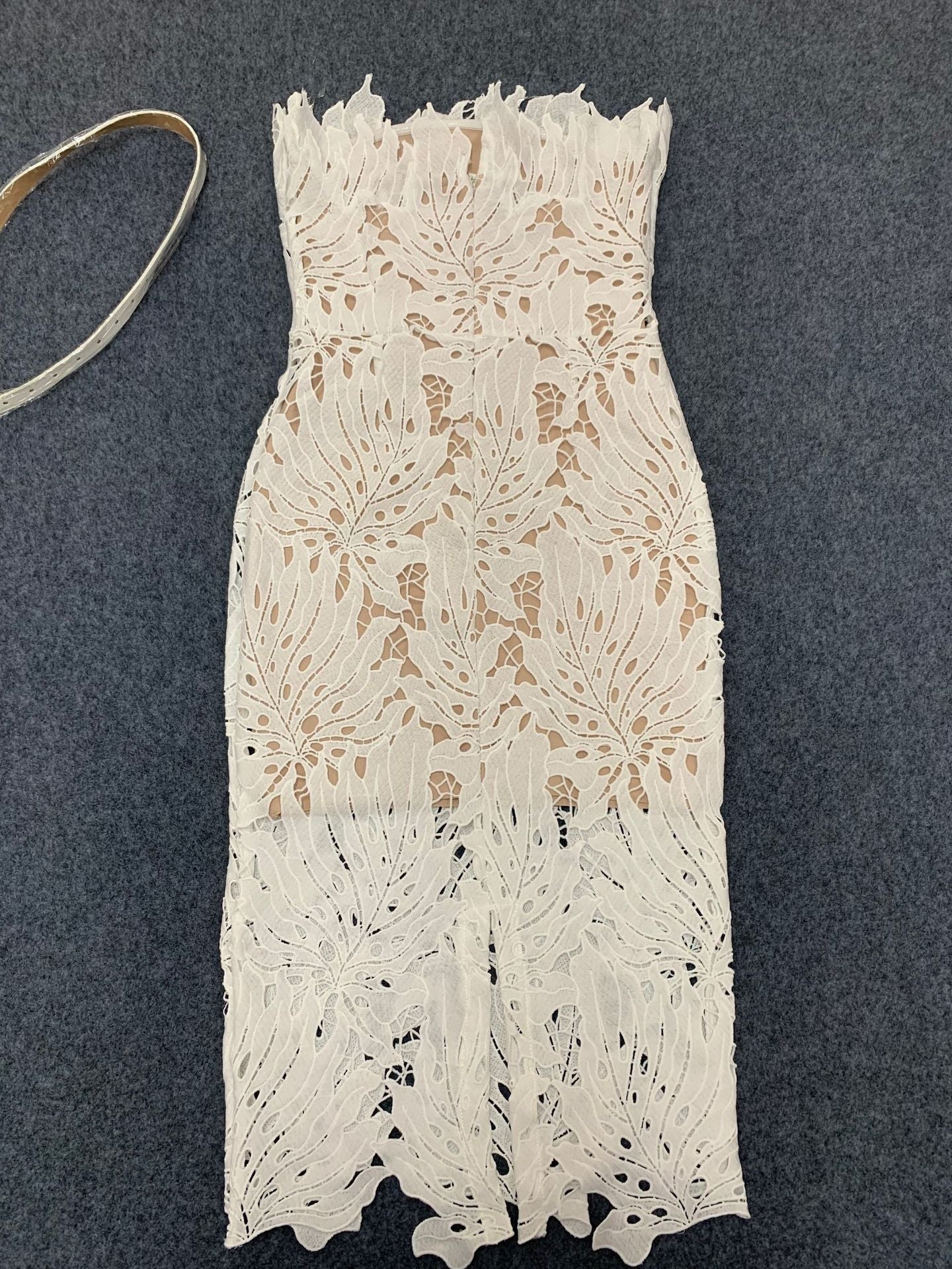 Women knitting sleeveless Strapless Lace white dress 16