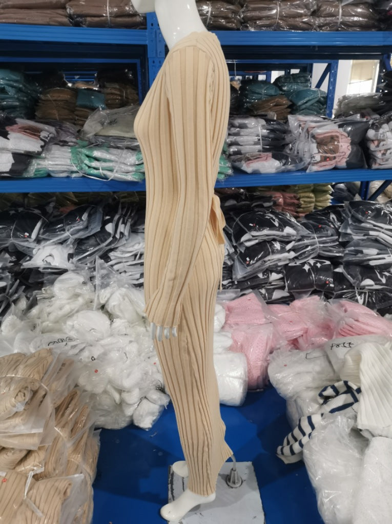 Autumn And Winter Casual Slim Waist V-Neck Wide Ribbed Slim Fit Knitting Long Dress For Women 18