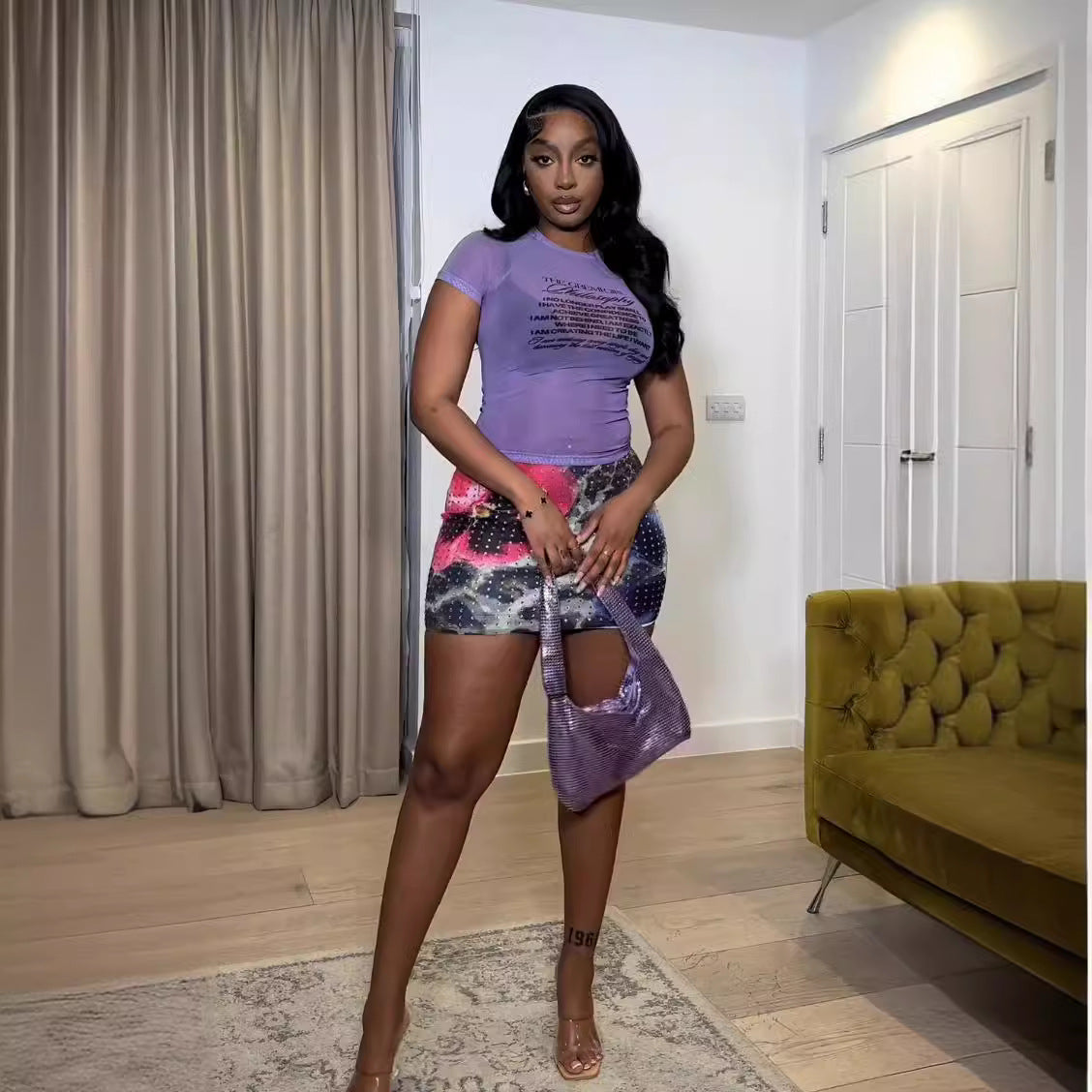 Women summer mesh rhinestone sexy print top and skirt two-piece set 5