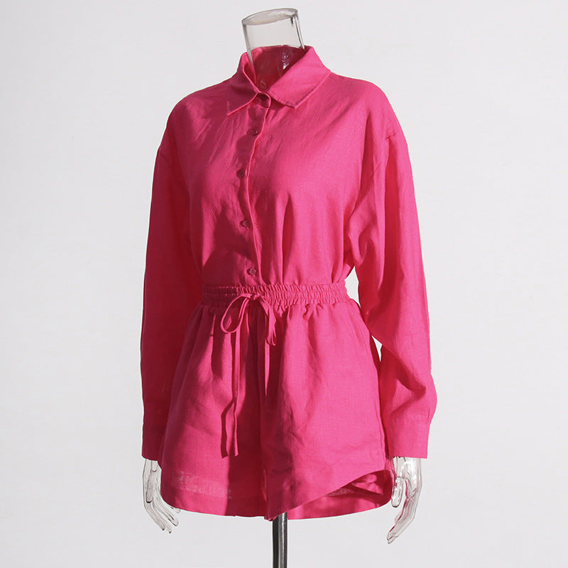 Women Turndown Collar long sleeve solid shirt Top and Casual shorts two-piece set 14