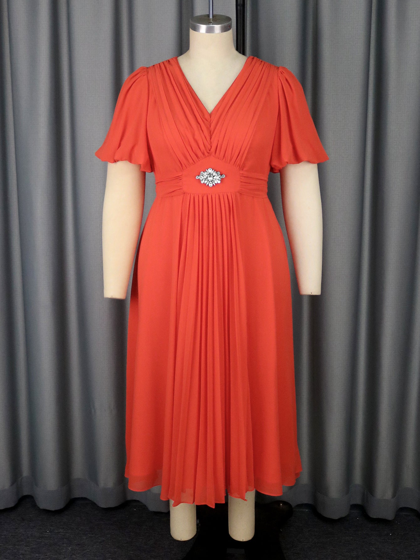 Plus-Size Women Chiffon V-Neck Gathered Short Sleeve Orange Dress 6