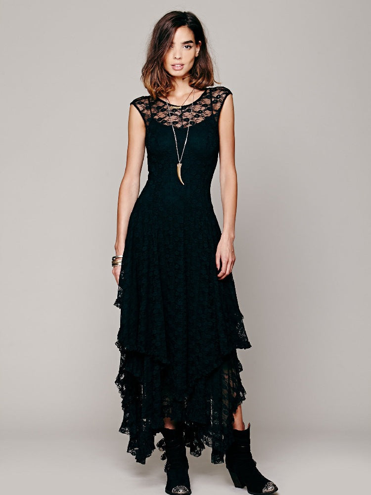 Fashion Women's Clothing Irregular High-Low Lace Sexy Long Dress 7