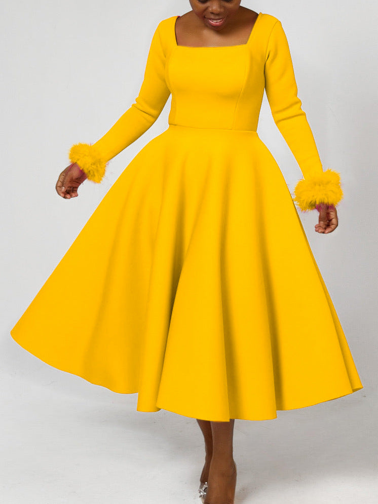 Winter Chic Elegant Fur Decorated Long Sleeve A-Line African Party Dress 9