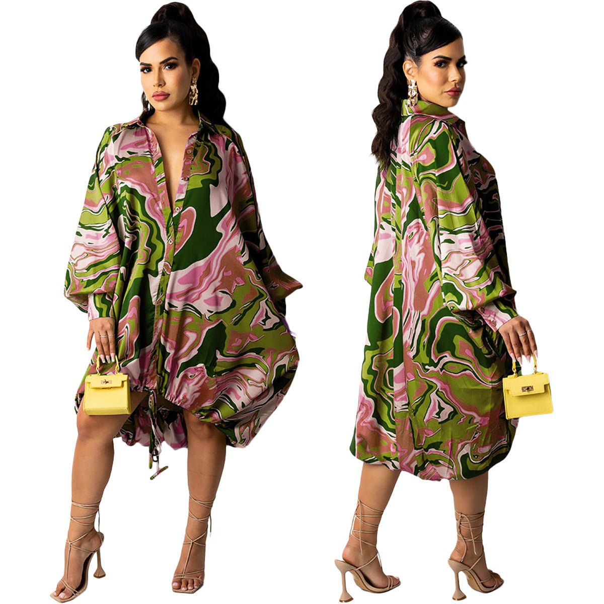 Ladies Printed Loose Drawstring Button Dress 3