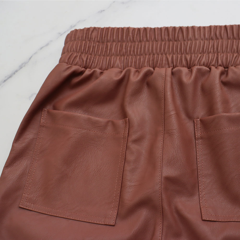 Solid color high-waisted straight trousers Chic autumn and winter leather pants 13