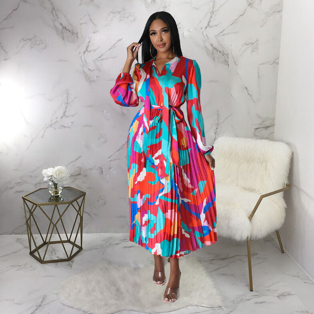 Women's Tie Long Sleeve Printed Pleated Dress 43