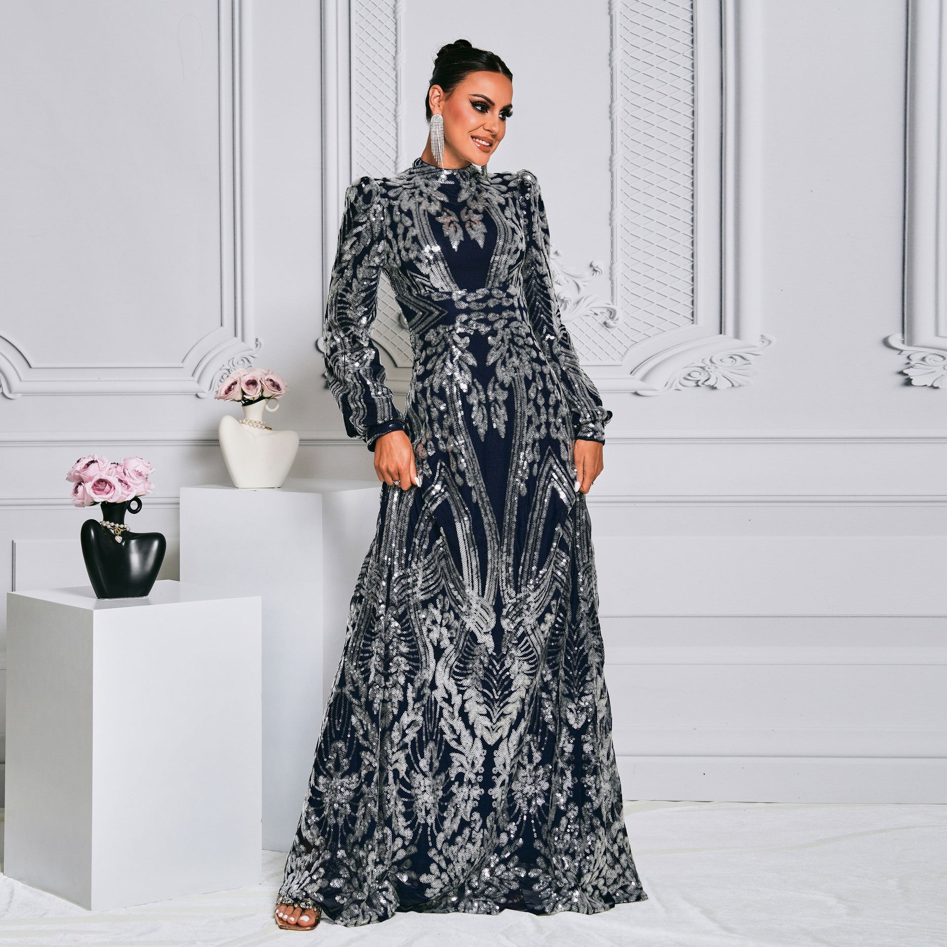 Women Sequined Long Sleeve Round Neck Formal Party Maxi Evening Dress