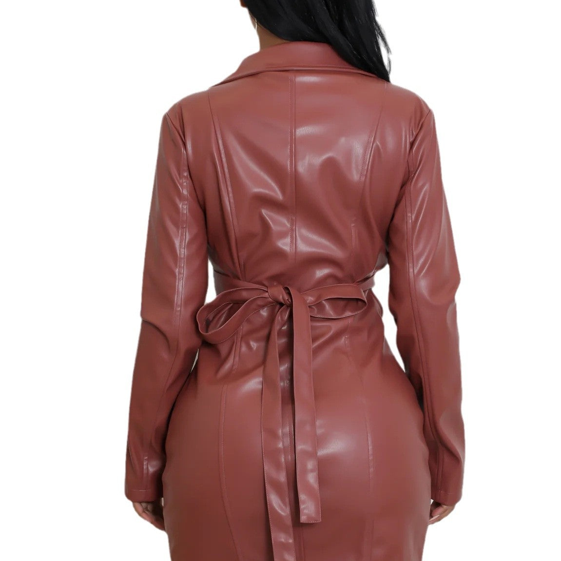 Fashionable Long-Sleeved V-Neck Slim Fit Sexy Hollow Fake Two-Piece Leather Dress 11