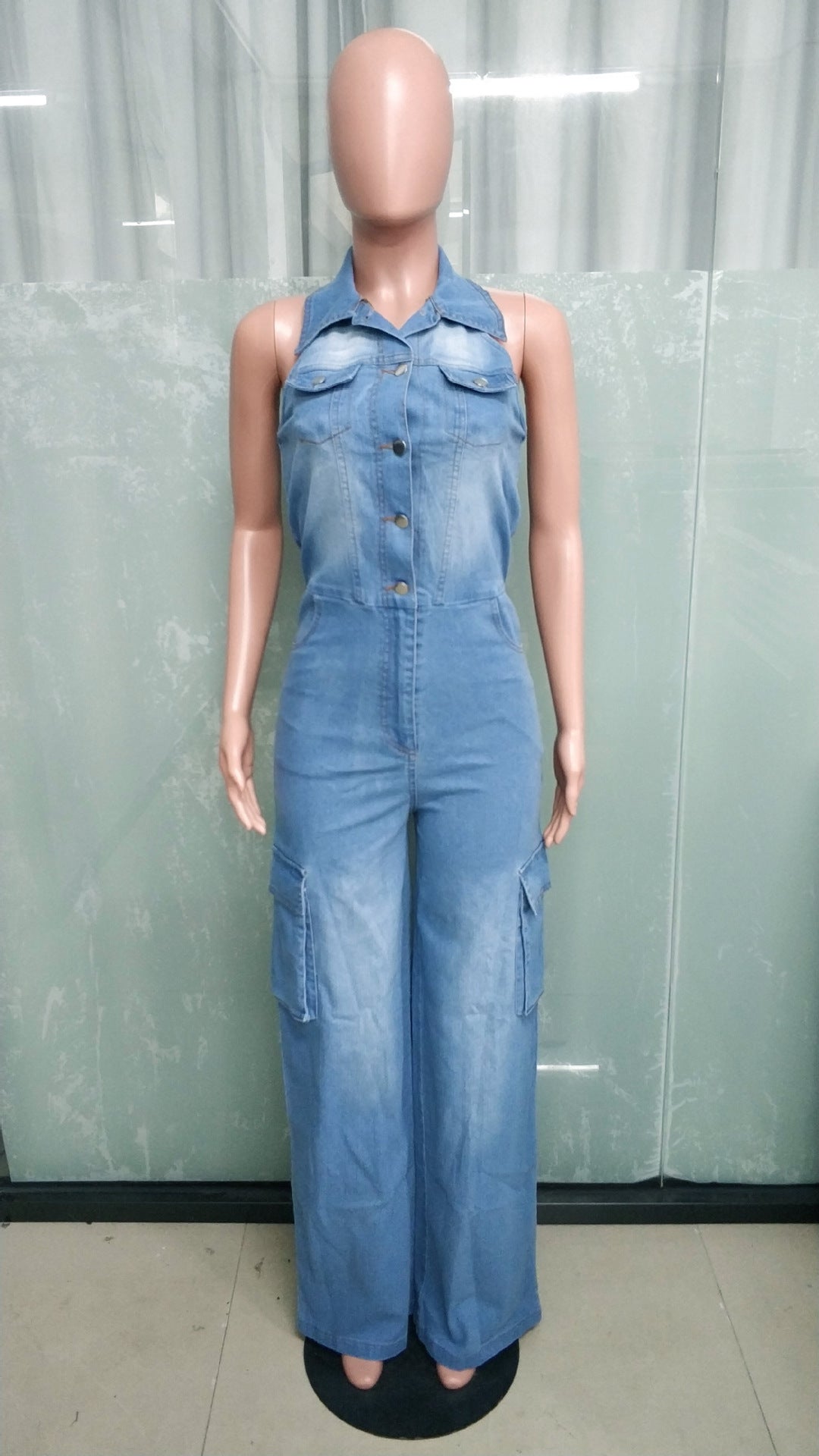 Halter Slim-Waisted Straight-Leg Loose Stretch-Denim Jumpsuit 7