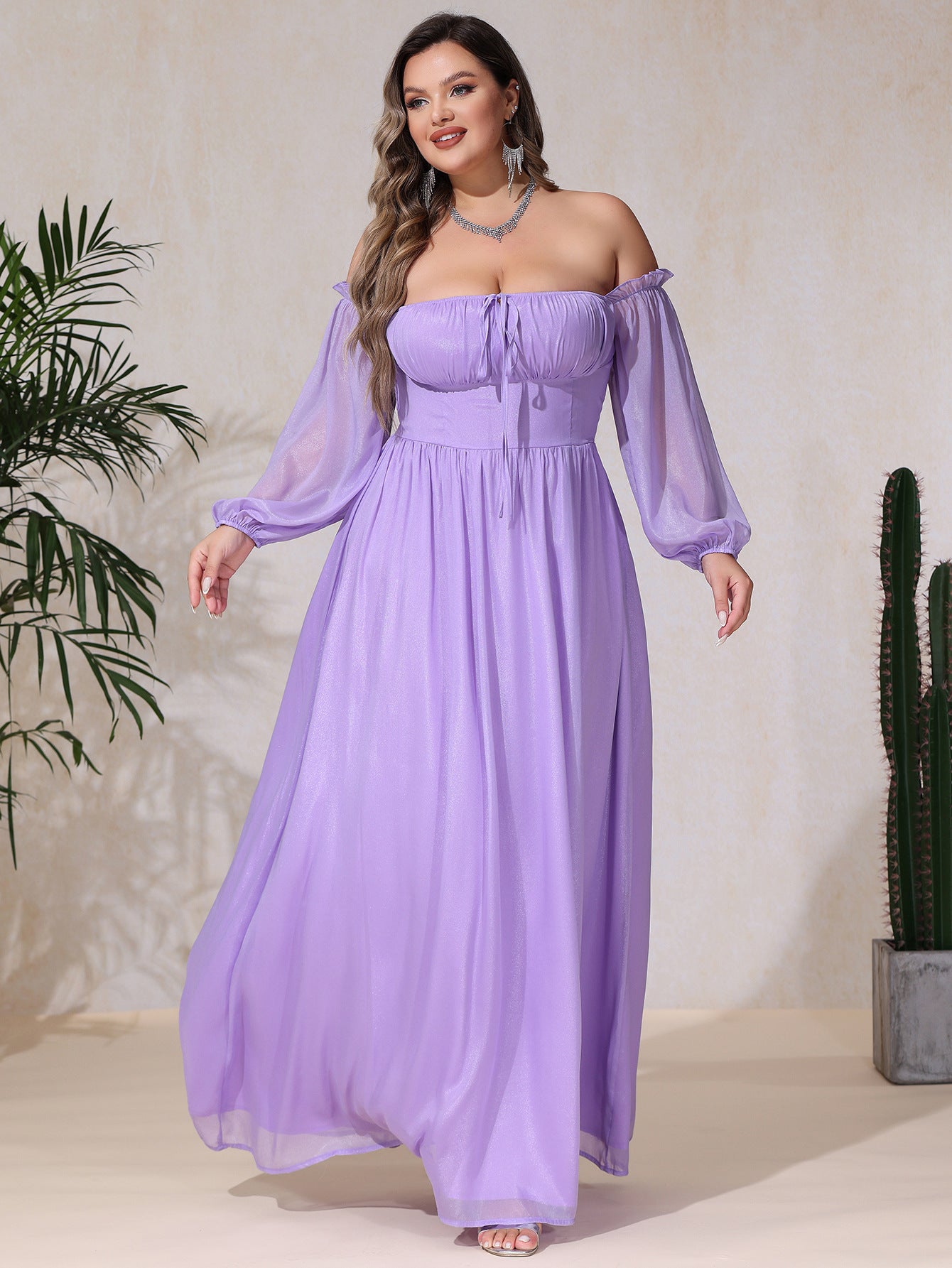 Plus Size Women Chiffon Off Shoulder Strapless Sexy Lace Puff Sleeve Dress 7