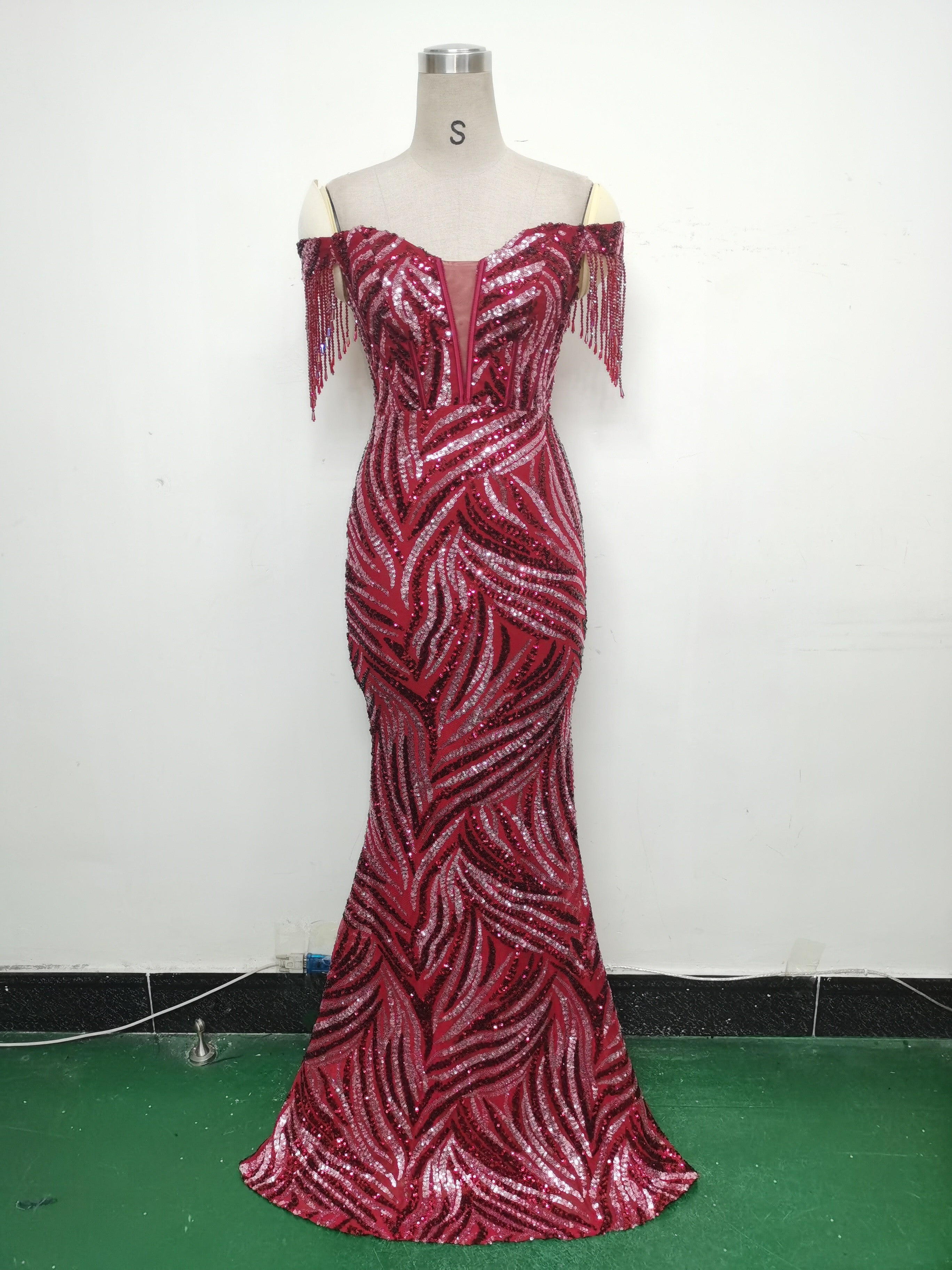 Off Shoulder Tassels Fishbone Slim Waist Lace-Up Sequin Evening Dress 15