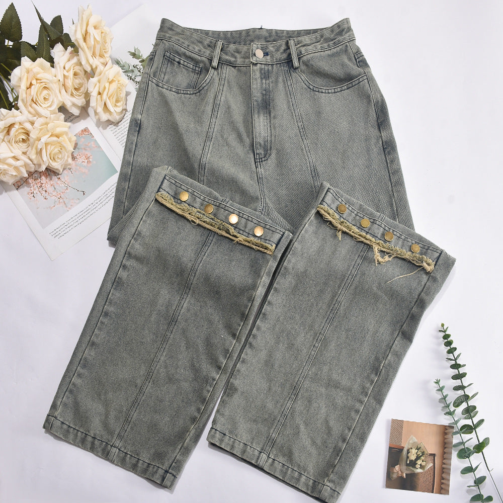 Women Summer Washed Tassel Button Straight Denim Pants 9