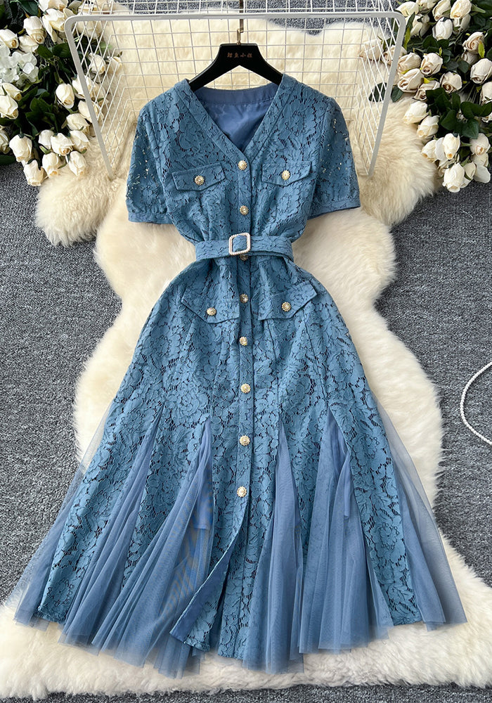 Women French V-Neck Metal Buttoned Mesh Patchwork Lace Ruffle Dress