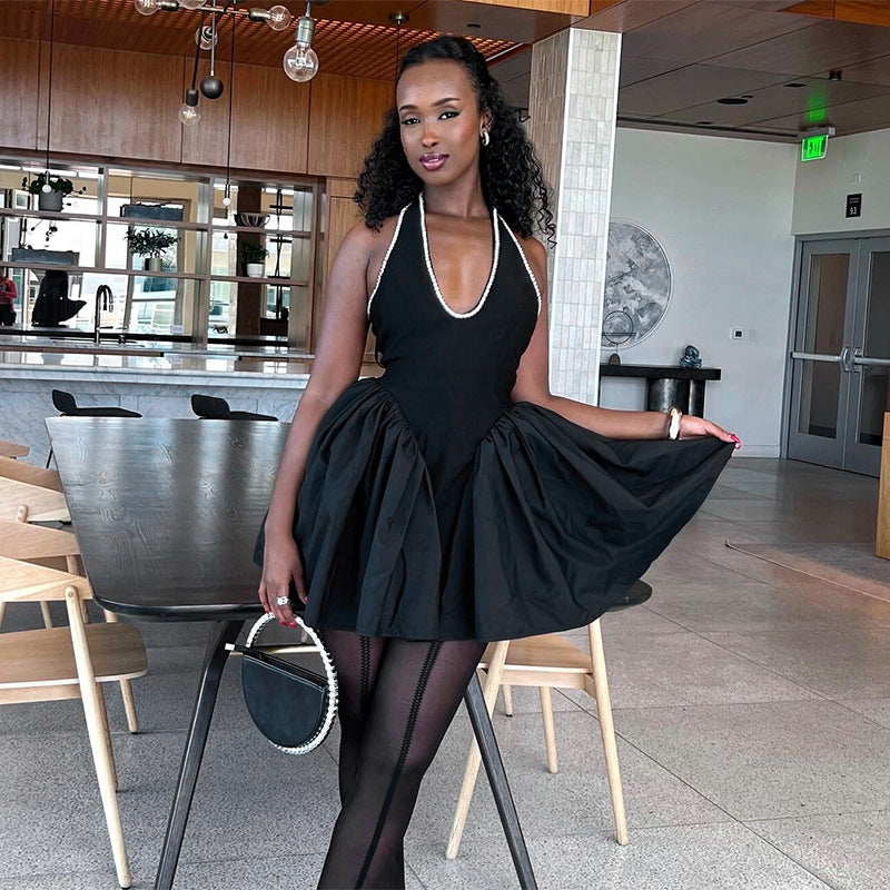 Women Rhinestone U-neck Sexy Halter Neck Dress 4