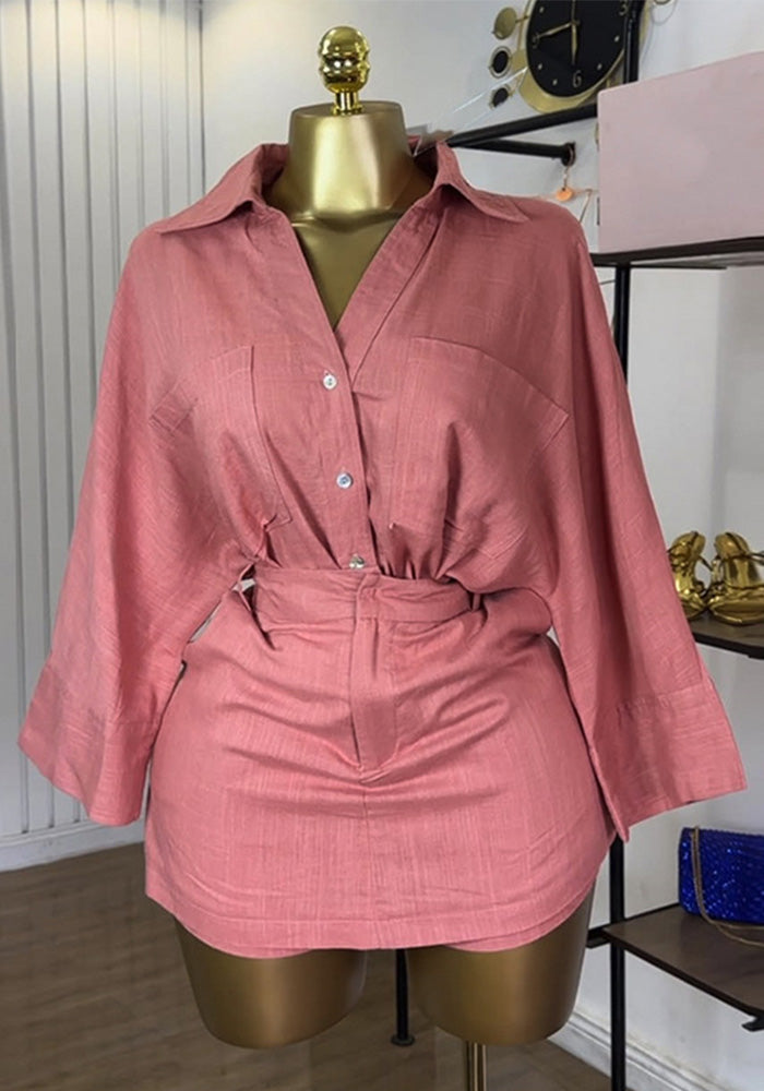 Women Summer Turndown Collar Bat Sleeves shirt and trousers two-piece set