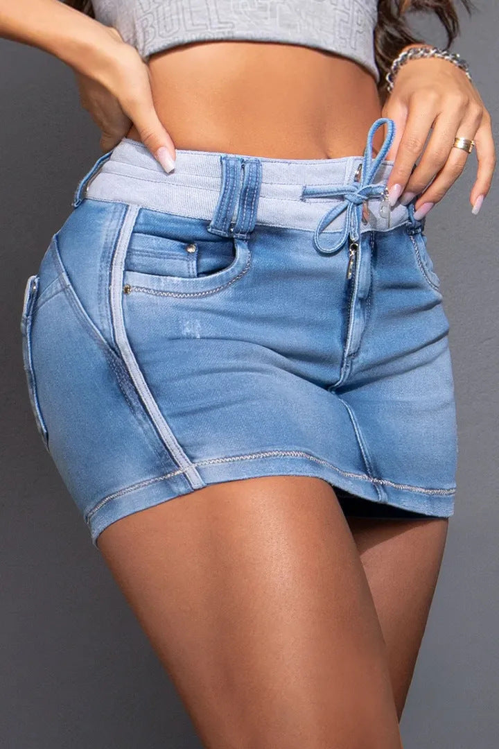 Short Contrast Color Drawstring Women's Bodycon Denim Short Skirt 3