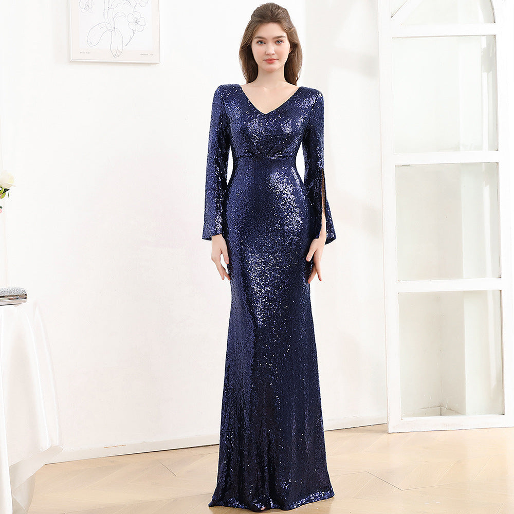 Women's Long Sleeve Formal Party Chic French Luxurious Sequined Mermaid Long Evening Dress