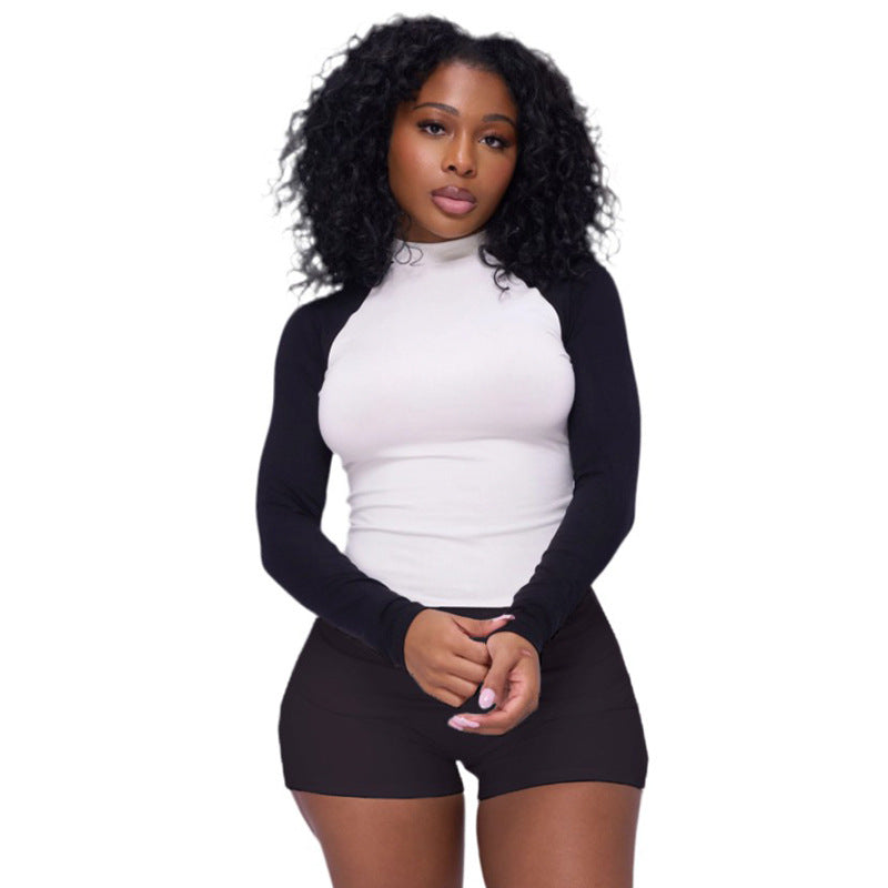 Women’s Activewear Contrast Color Sportswear Long-Sleeve Top Shorts Two Piece Set 3