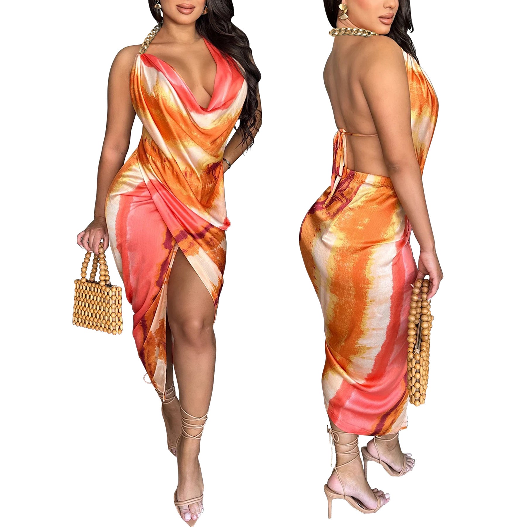 Women Summer Sexy Backless Tie-Dye Dress 3