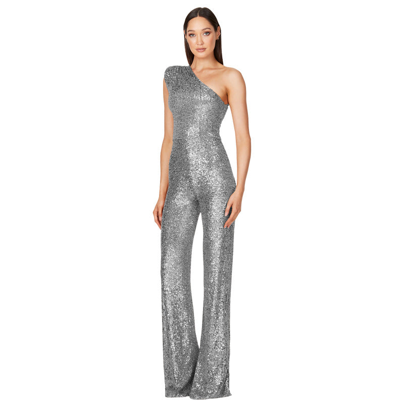 Women's Sleeveless One Shoulder Low Back Sequined Jumpsuit 5