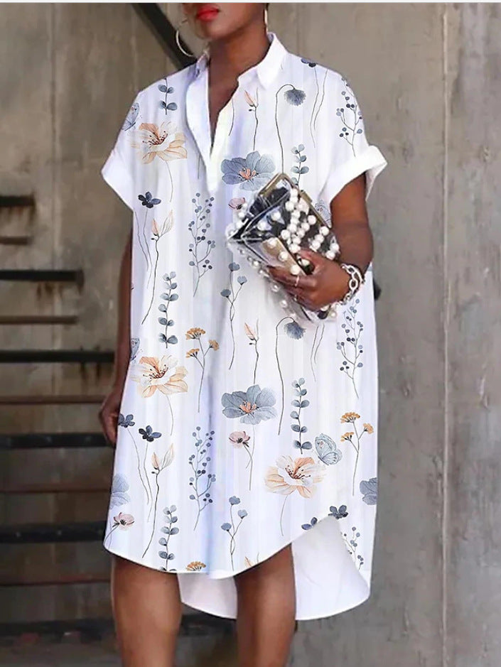 Summer Short Sleeve Solid Color Printed Abstract Shirt Dress 10
