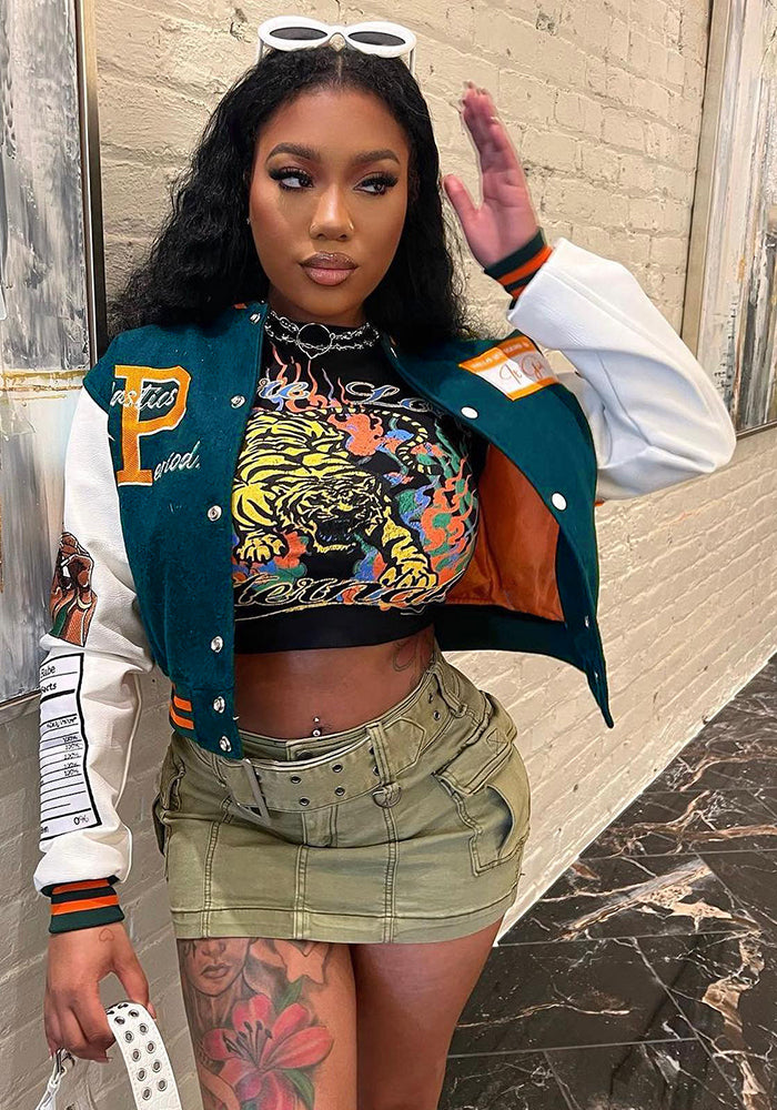 Women Fashion Velvet Print Embroidered Baseball Jacket