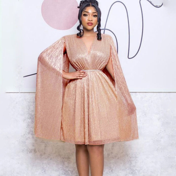 Belted V-Neck Chic Long Sleeve Cape Slim Waist Gown Dress 3