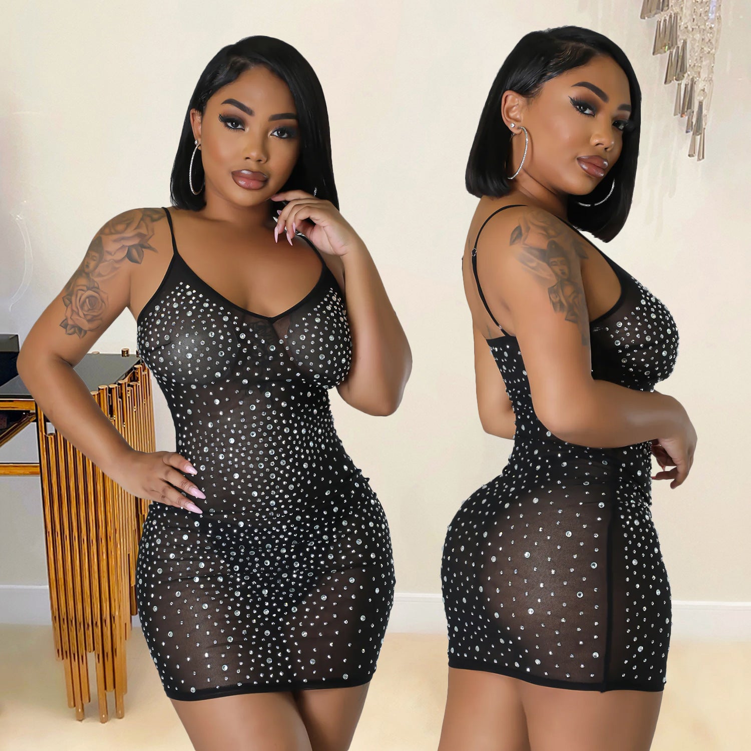 Summer Women's Sexy Mesh Beaded Nightclub Sling Short Dress 5