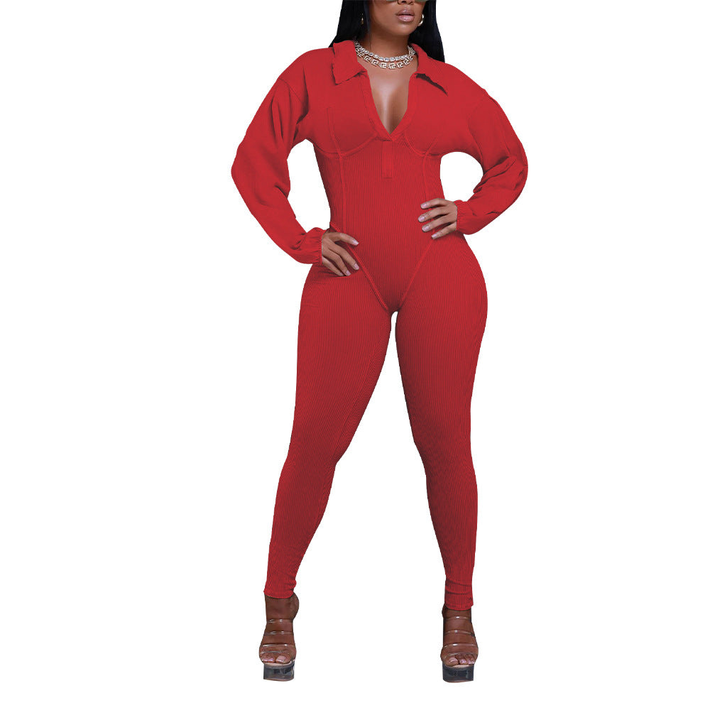 Autumn And Winter Women's V-Neck Long Sleeves Tight Fitting Patchwork Jumpsuit 8