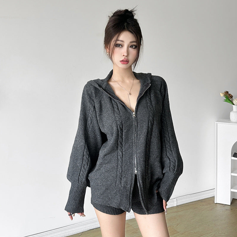 Women autumn hooded zipper top + shorts two-piece set 4