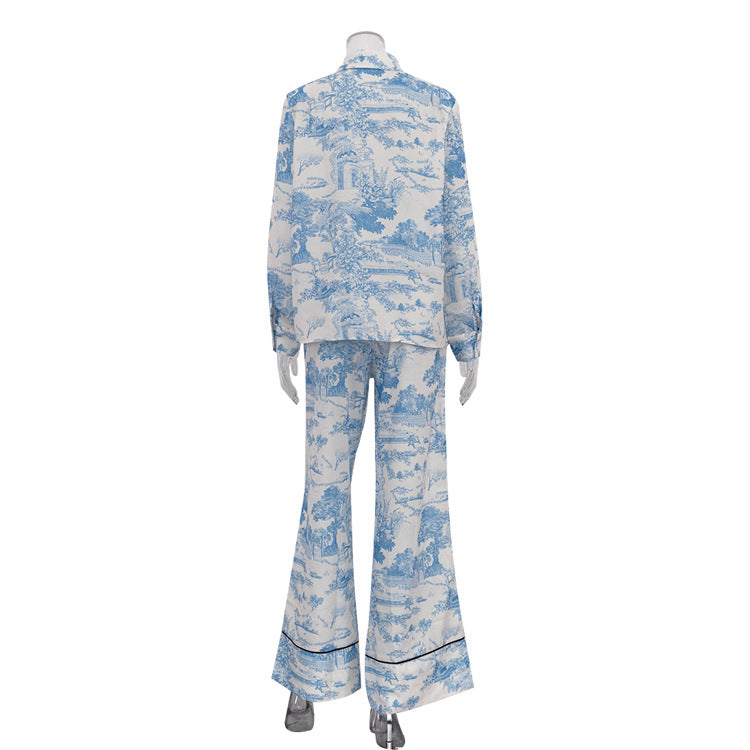 Women's Paint Print Turndown Collar Shirt High Waist Trousers Fashion Two-Piece Suit 8