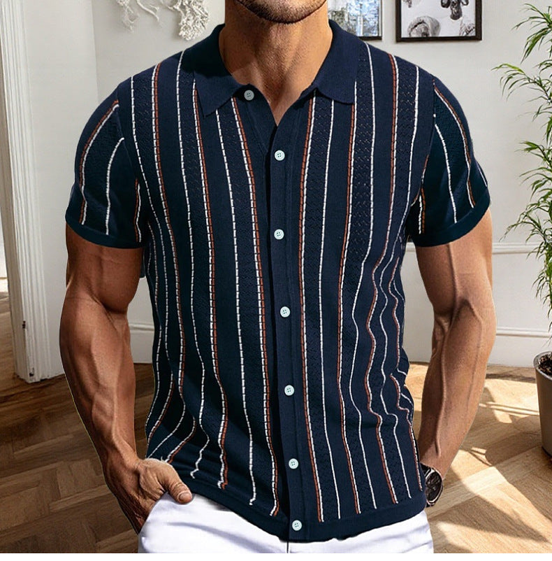Men's Summer Short-sleeved Striped Knitting Shirt Polo T-shirt 3
